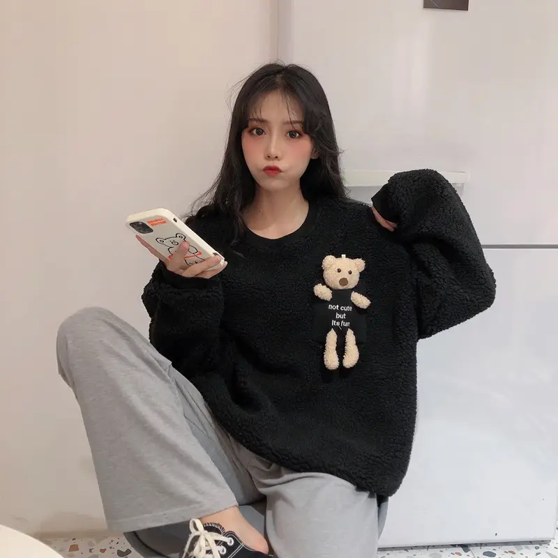 Women Wool Fleece Lined Sweater with Doll Bear Print — feature 34