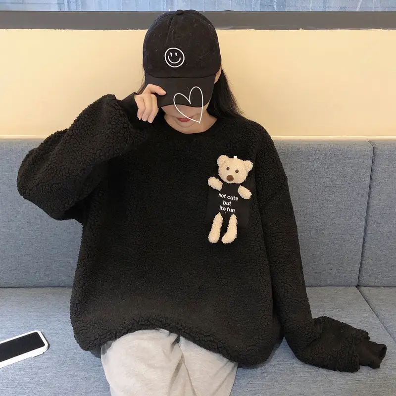 Women Wool Fleece Lined Sweater with Doll Bear Print — feature 35