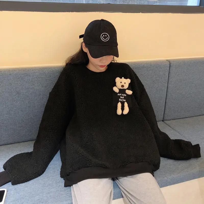 Women Wool Fleece Lined Sweater with Doll Bear Print — feature 36