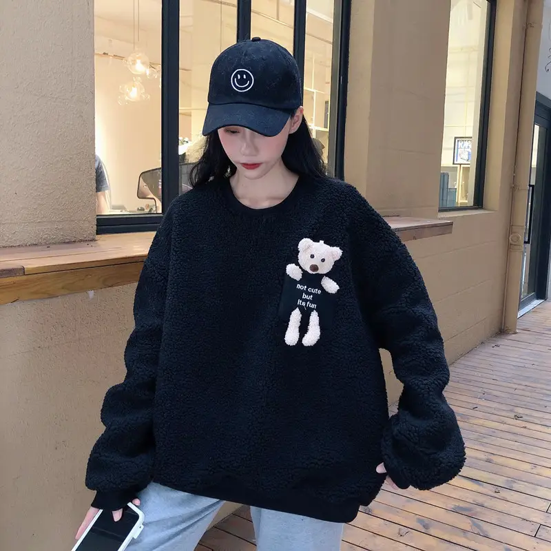 Women Wool Fleece Lined Sweater with Doll Bear Print — feature 37