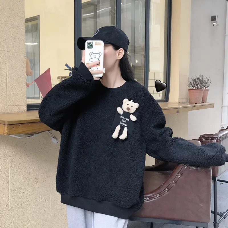 Women Wool Fleece Lined Sweater with Doll Bear Print — feature 38