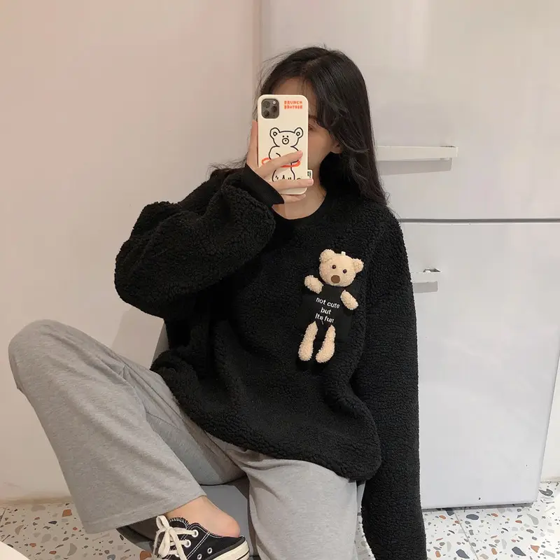 Women Wool Fleece Lined Sweater with Doll Bear Print — feature 39
