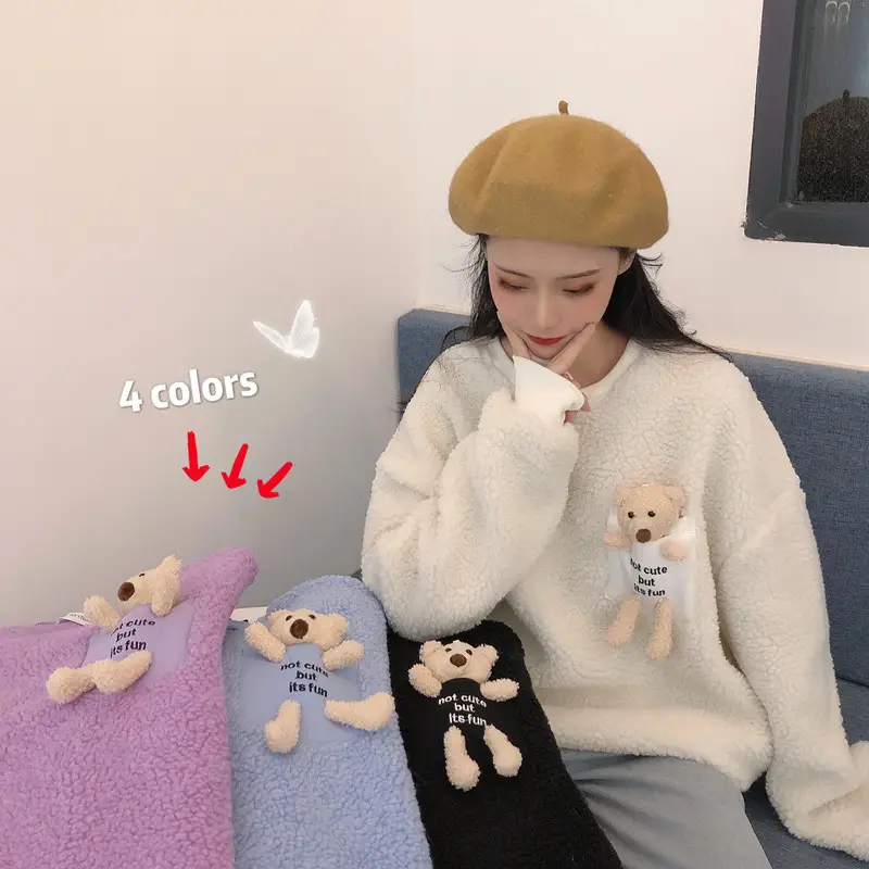 Women Wool Fleece Lined Sweater with Doll Bear Print — feature 4