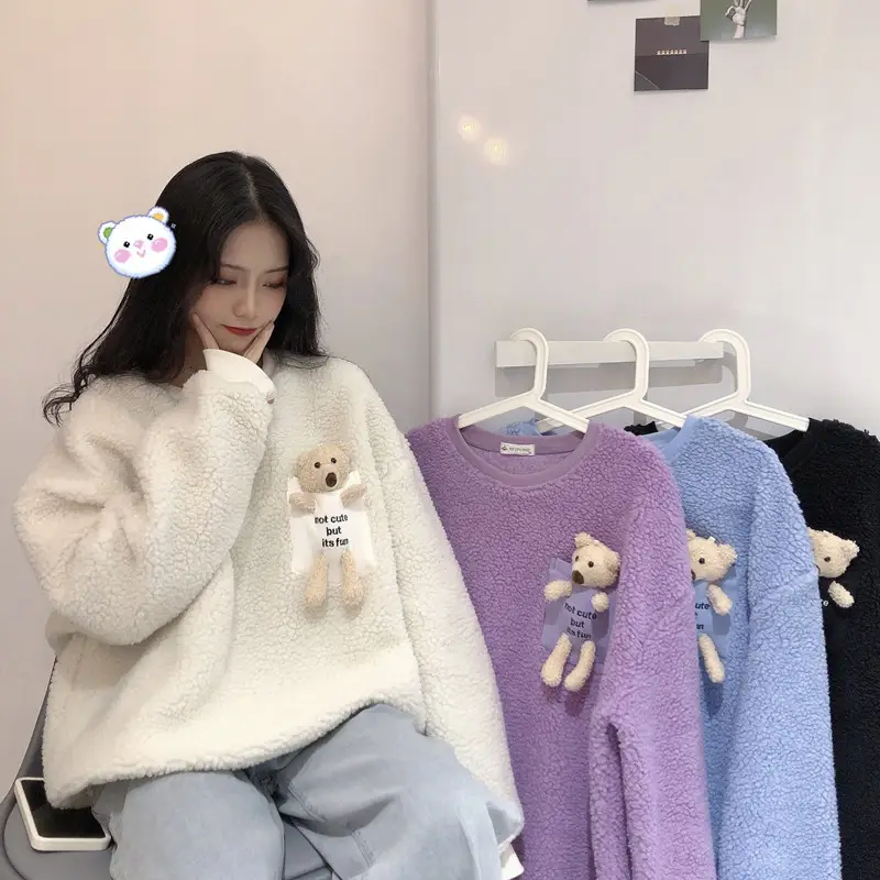 Women Wool Fleece Lined Sweater with Doll Bear Print — feature 5