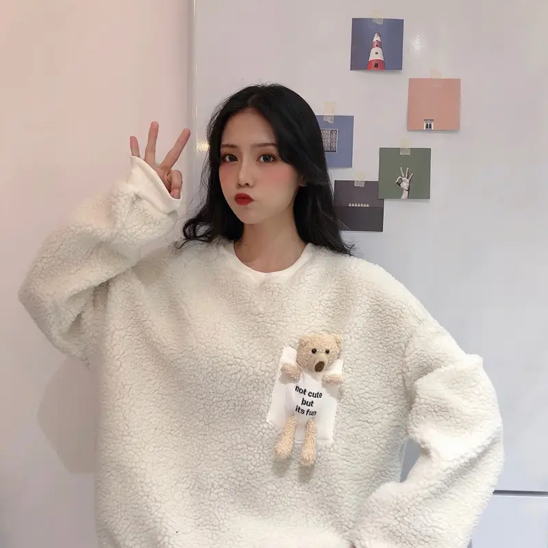 Women Wool Fleece Lined Sweater with Doll Bear Print — feature 7