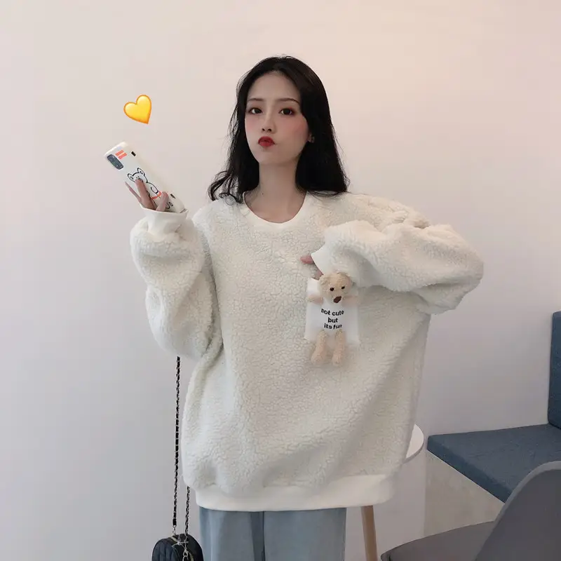 Women Wool Fleece Lined Sweater with Doll Bear Print — feature 8