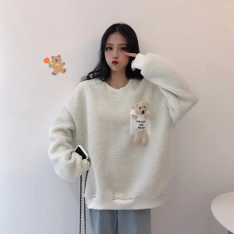 Women Wool Fleece Lined Sweater with Doll Bear Print — feature 9