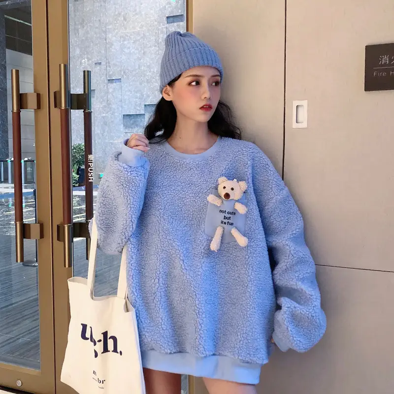 Women Wool Fleece Lined Sweater with Doll Bear Print - Image 2