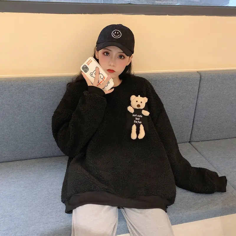 Women Wool Fleece Lined Sweater with Doll Bear Print - Image 3