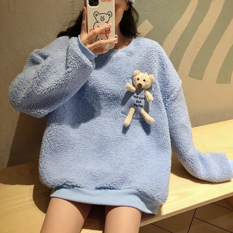 Women Wool Fleece Lined Sweater with Doll Bear Print - Image 4