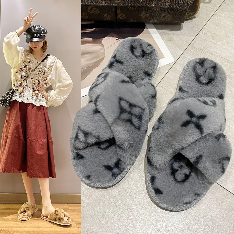 Cross-border New Imitation Rabbit Fur Cross Slippers Women's Home Warm Four-leaf Clover Mao Mao Flat Open Cotton Slippers for Foreign Trade