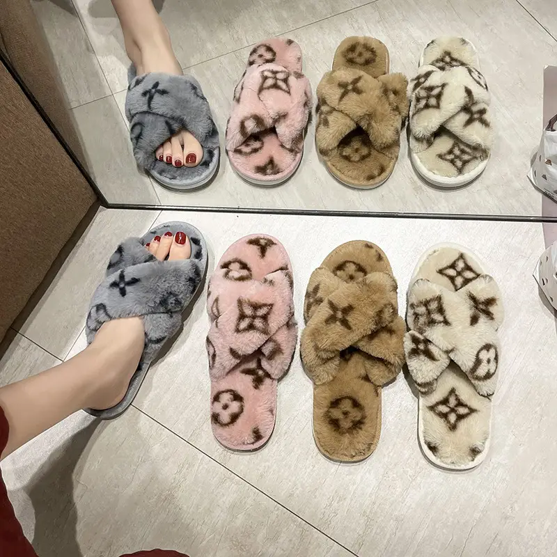 Cross-border New Imitation Rabbit Fur Cross Slippers Women's Home Warm Four-leaf Clover Mao Mao Flat Open Cotton Slippers for Foreign Trade