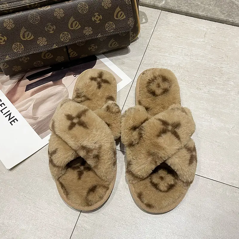 Cross-border New Imitation Rabbit Fur Cross Slippers Women's Home Warm Four-leaf Clover Mao Mao Flat Open Cotton Slippers for Foreign Trade