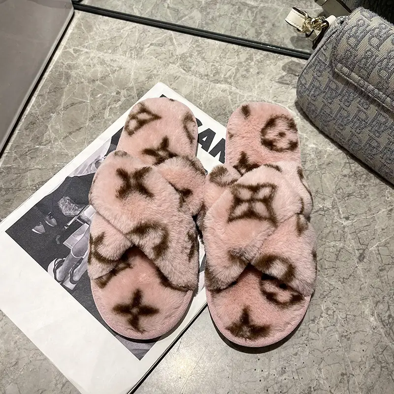 Cross-border New Imitation Rabbit Fur Cross Slippers Women's Home Warm Four-leaf Clover Mao Mao Flat Open Cotton Slippers for Foreign Trade