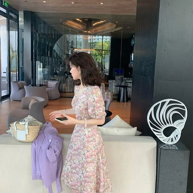 Women Floral Chiffon Dress Slim Fit Waist-Cinching Spring Summer