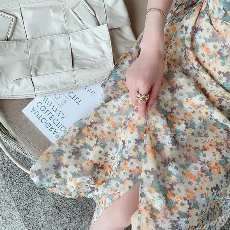 Women Floral Chiffon Dress Slim Fit Waist-Cinching Spring Summer