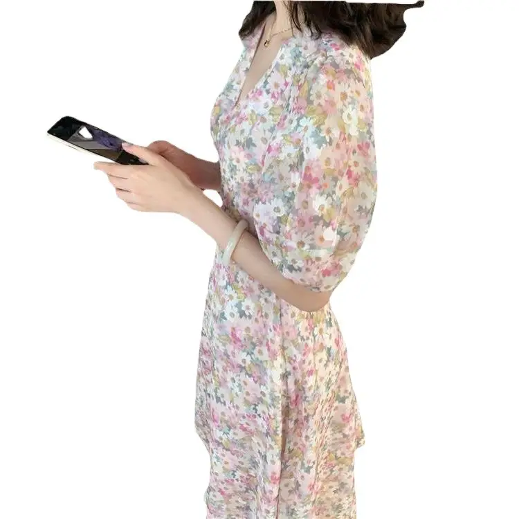 Women Floral Chiffon Dress Slim Fit Waist-Cinching Spring Summer