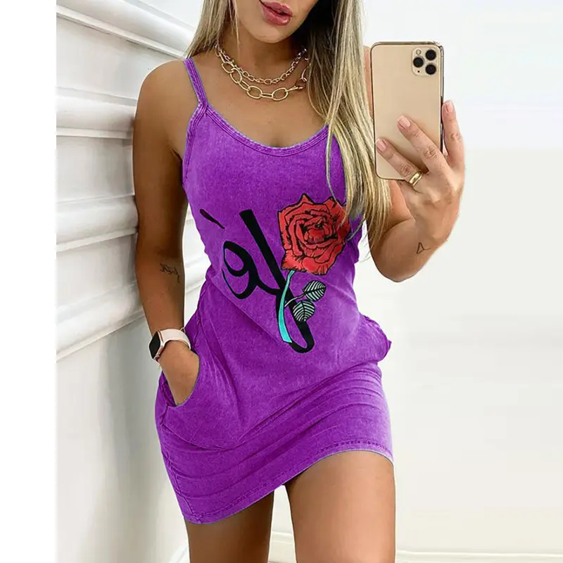 2022 Printed Slim Fit Hip Dress with Rose Design