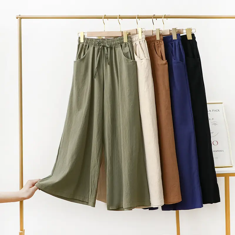 Women Cotton Linen Wide Leg Pants Black Summer Loose Plus Size