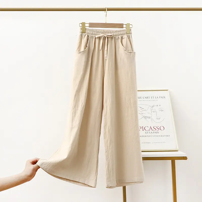 Women Cotton Linen Wide Leg Pants Black Summer Loose Plus Size