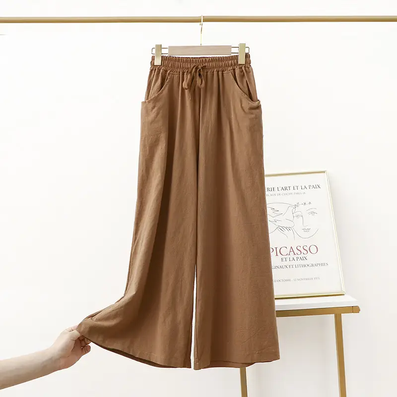 Women Cotton Linen Wide Leg Pants Black Summer Loose Plus Size