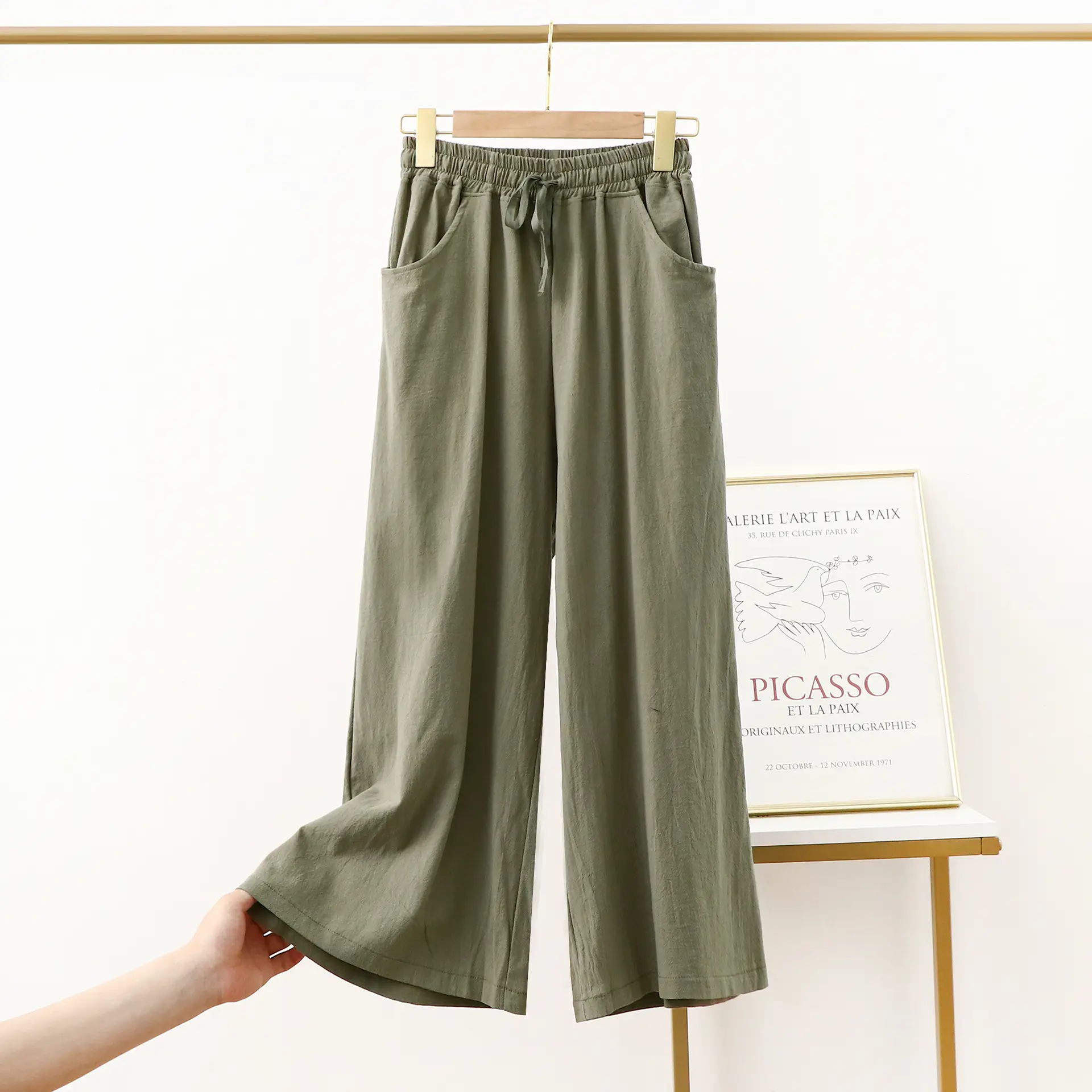 Women Cotton Linen Wide Leg Pants Black Summer Loose Plus Size