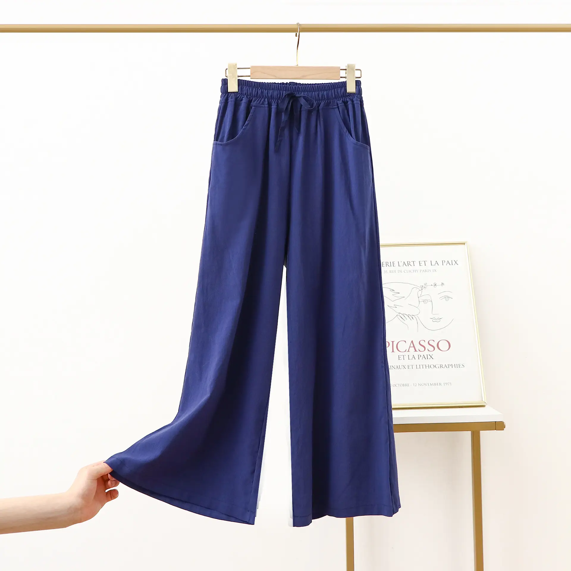 Women Cotton Linen Wide Leg Pants Black Summer Loose Plus Size