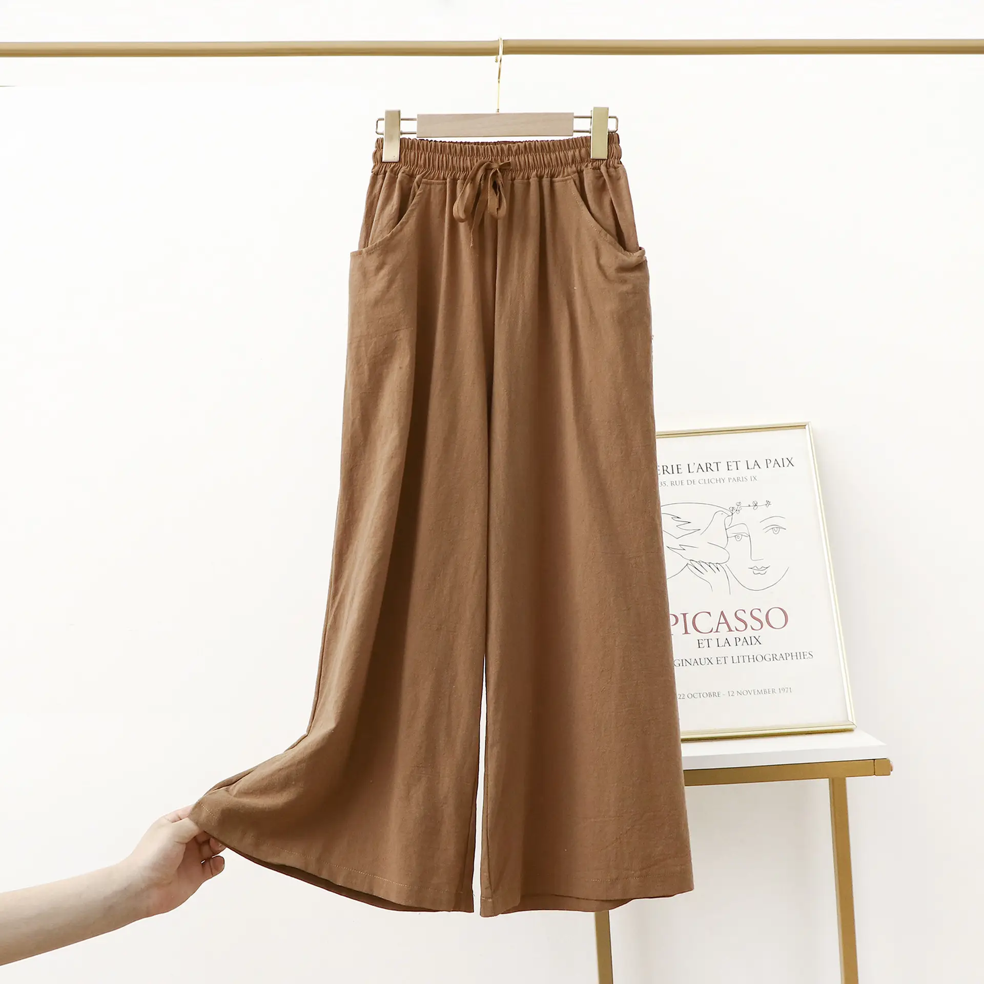 Women Cotton Linen Wide Leg Pants Black Summer Loose Plus Size