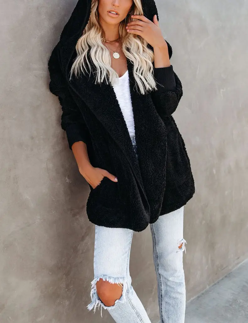 Women Woolen Hooded Coat Winter European American Loose Plush — feature 12