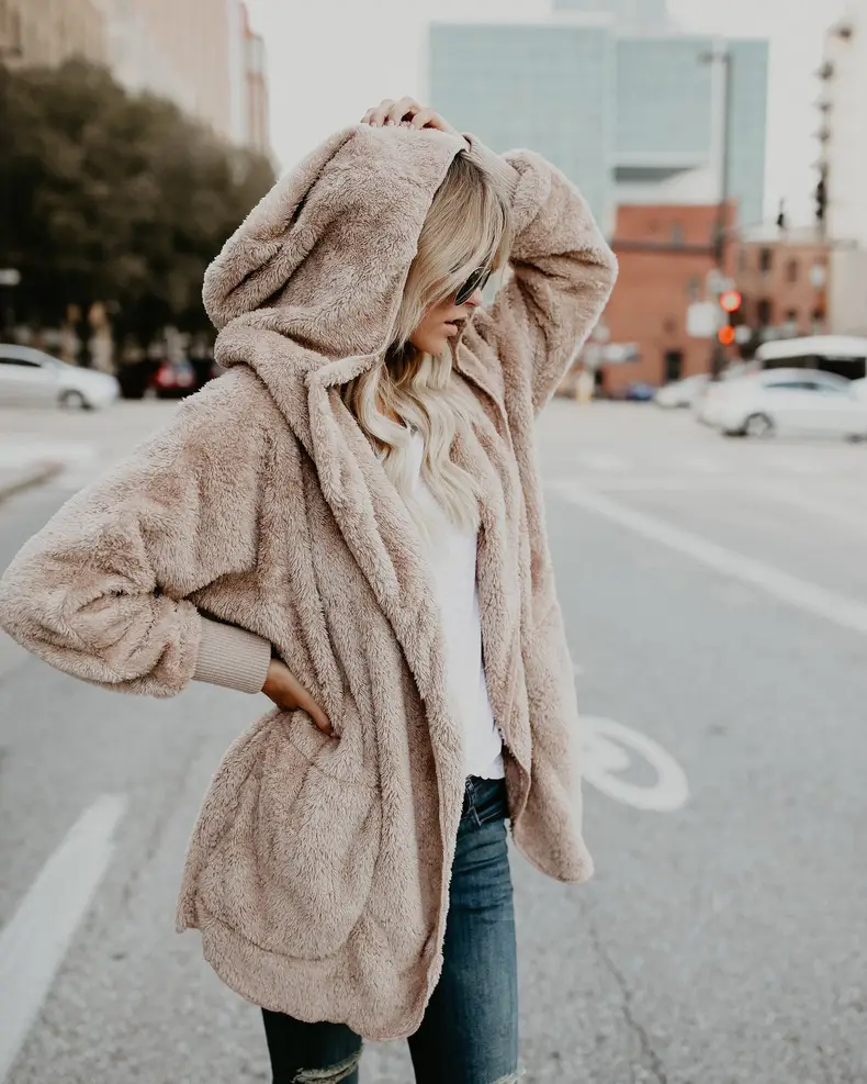 Women Woolen Hooded Coat Winter European American Loose Plush — feature 17