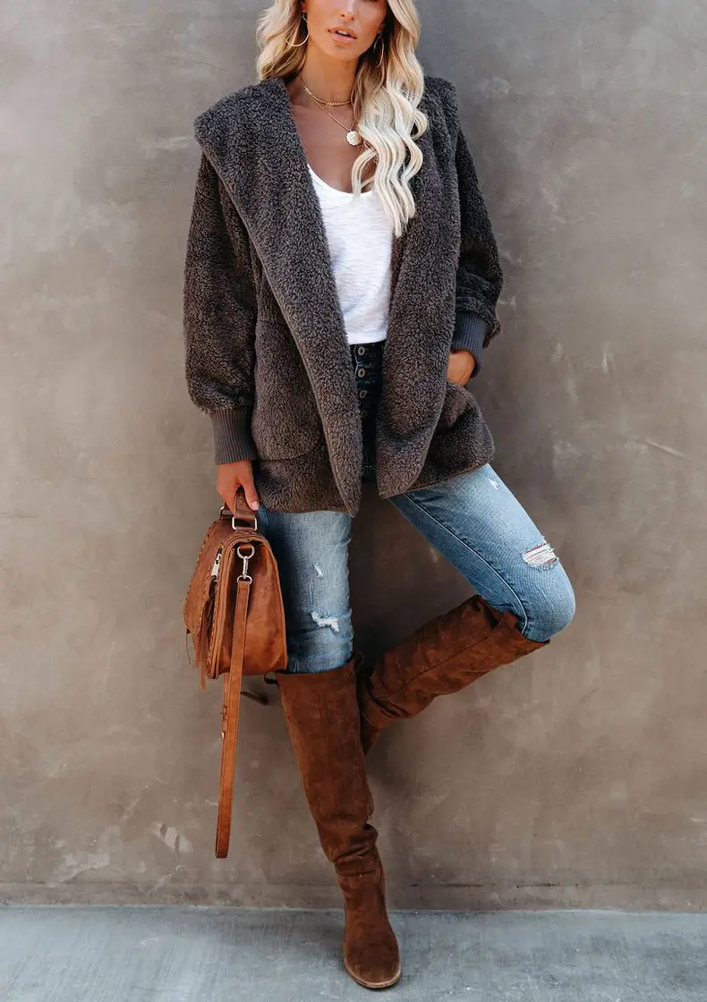Women Woolen Hooded Coat Winter European American Loose Plush — feature 24