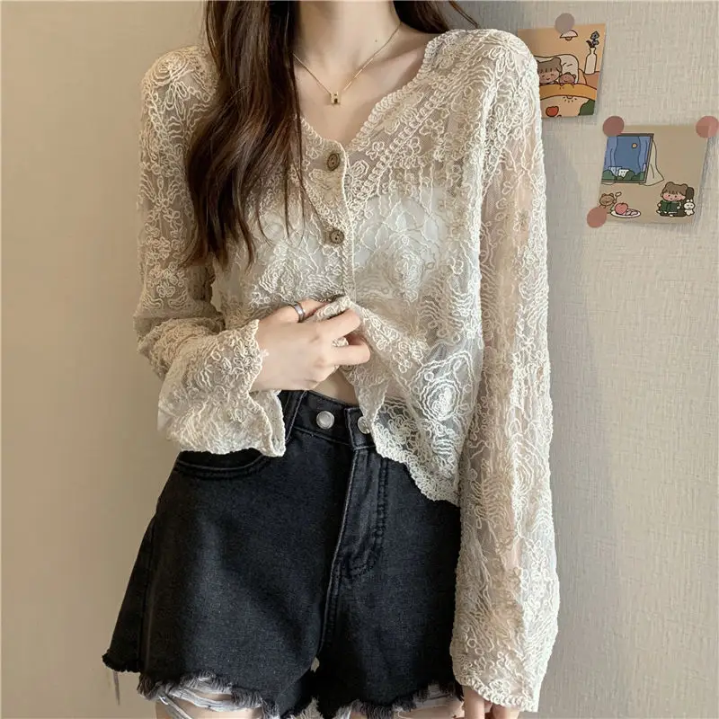 Women White Lace V Neck Crop Top with Denim Shorts - Image 2