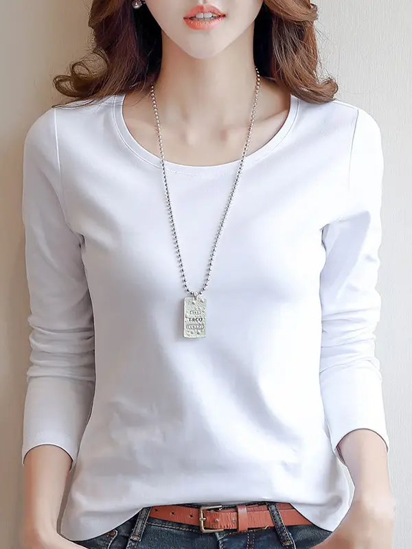 Women White Crewneck Long Sleeve T-Shirt Slim Fit - Image 6