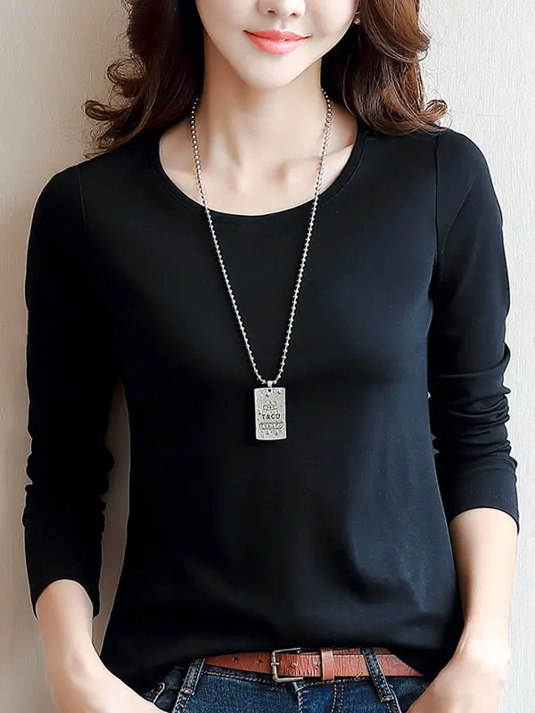 Women White Crewneck Long Sleeve T-Shirt Slim Fit - Image 7
