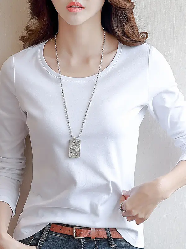 Women White Crewneck Long Sleeve T-Shirt Slim Fit - Image 8