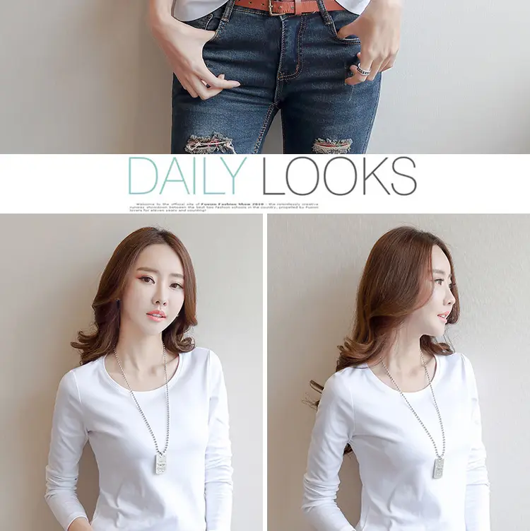 Women White Crewneck Long Sleeve T-Shirt Slim Fit — feature 10