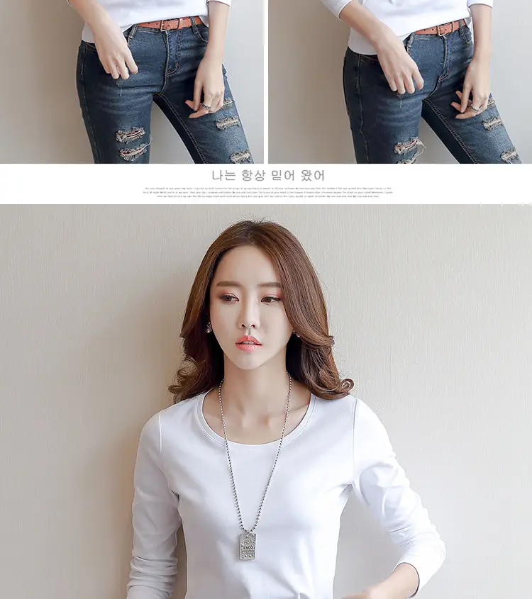 Women White Crewneck Long Sleeve T-Shirt Slim Fit — feature 11