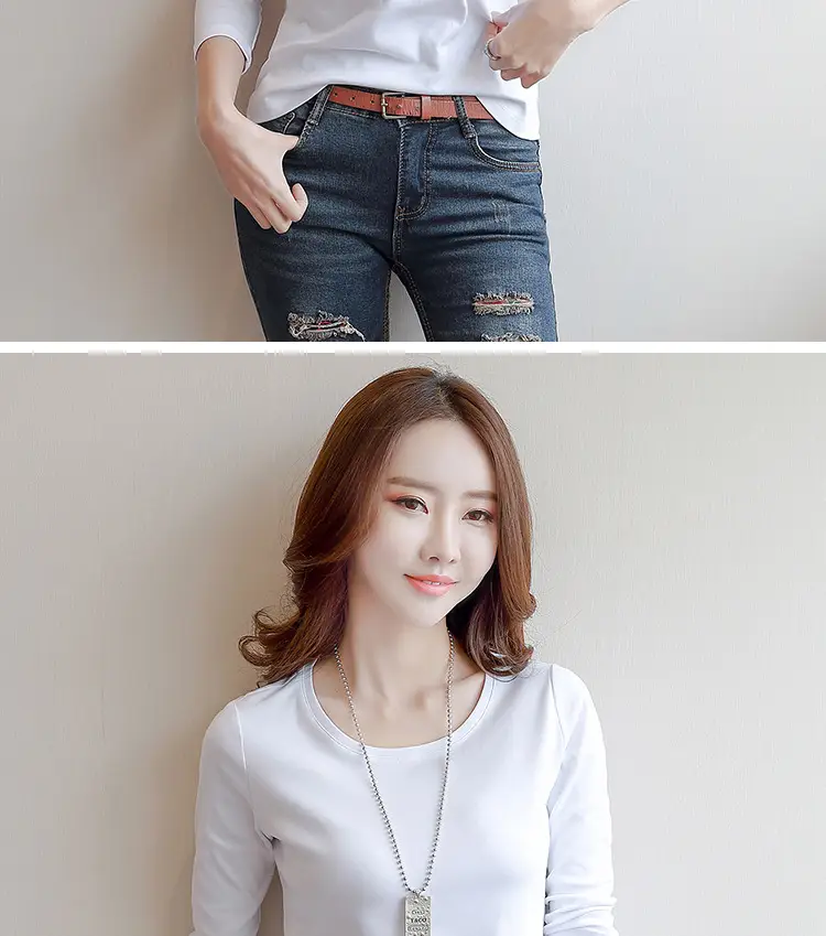 Women White Crewneck Long Sleeve T-Shirt Slim Fit — feature 12