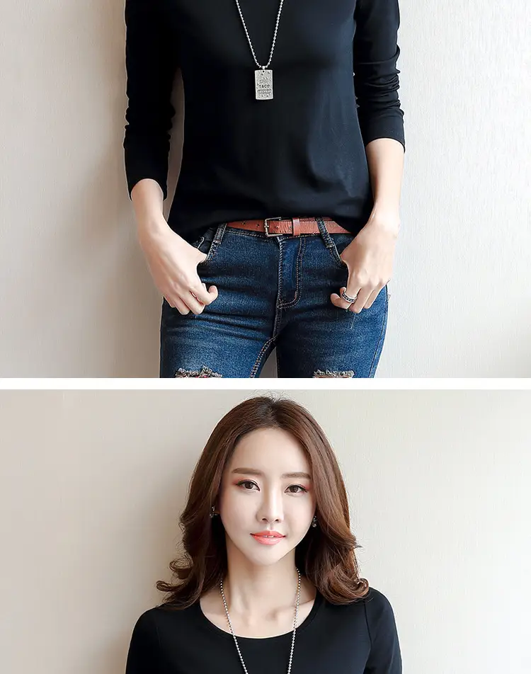 Women White Crewneck Long Sleeve T-Shirt Slim Fit — feature 15