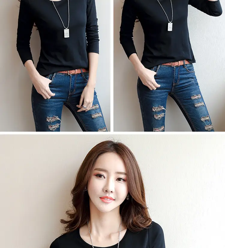 Women White Crewneck Long Sleeve T-Shirt Slim Fit — feature 17