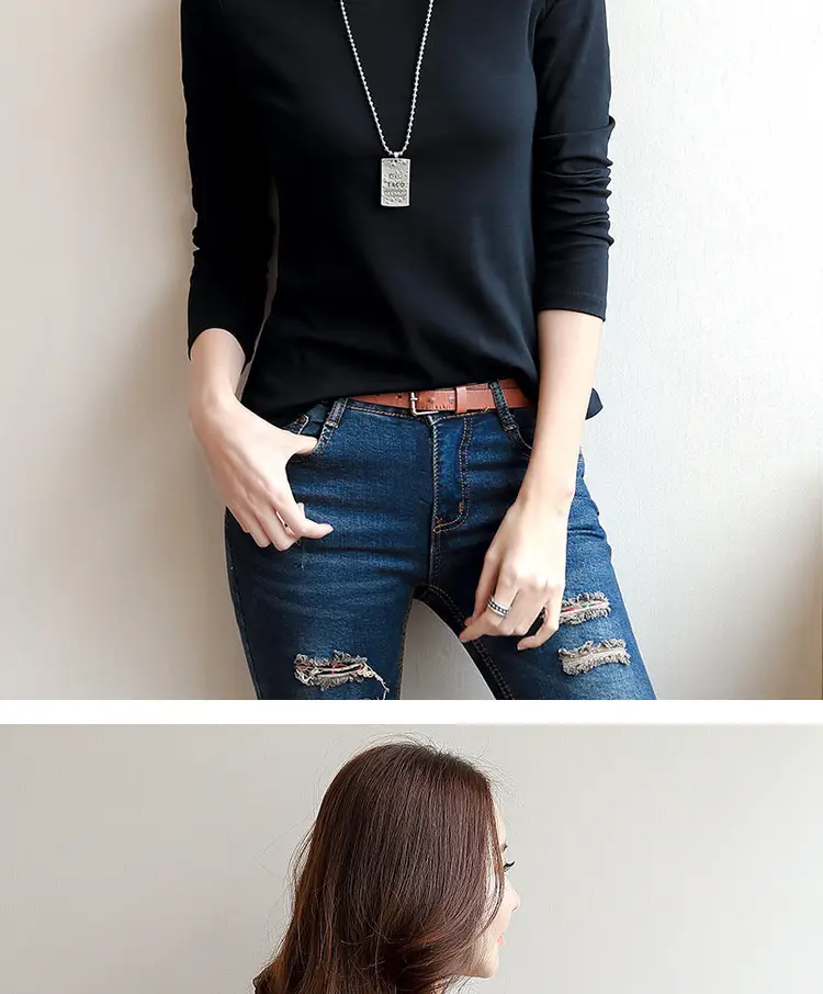 Women White Crewneck Long Sleeve T-Shirt Slim Fit — feature 18