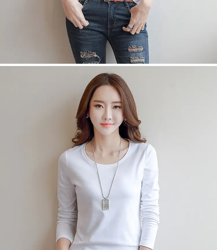 Women White Crewneck Long Sleeve T-Shirt Slim Fit — feature 8