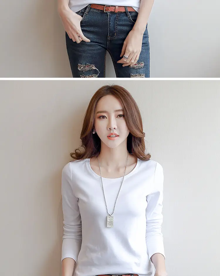 Women White Crewneck Long Sleeve T-Shirt Slim Fit — feature 9