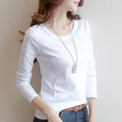 Women White Crewneck Long Sleeve T-Shirt Slim Fit - Image 2