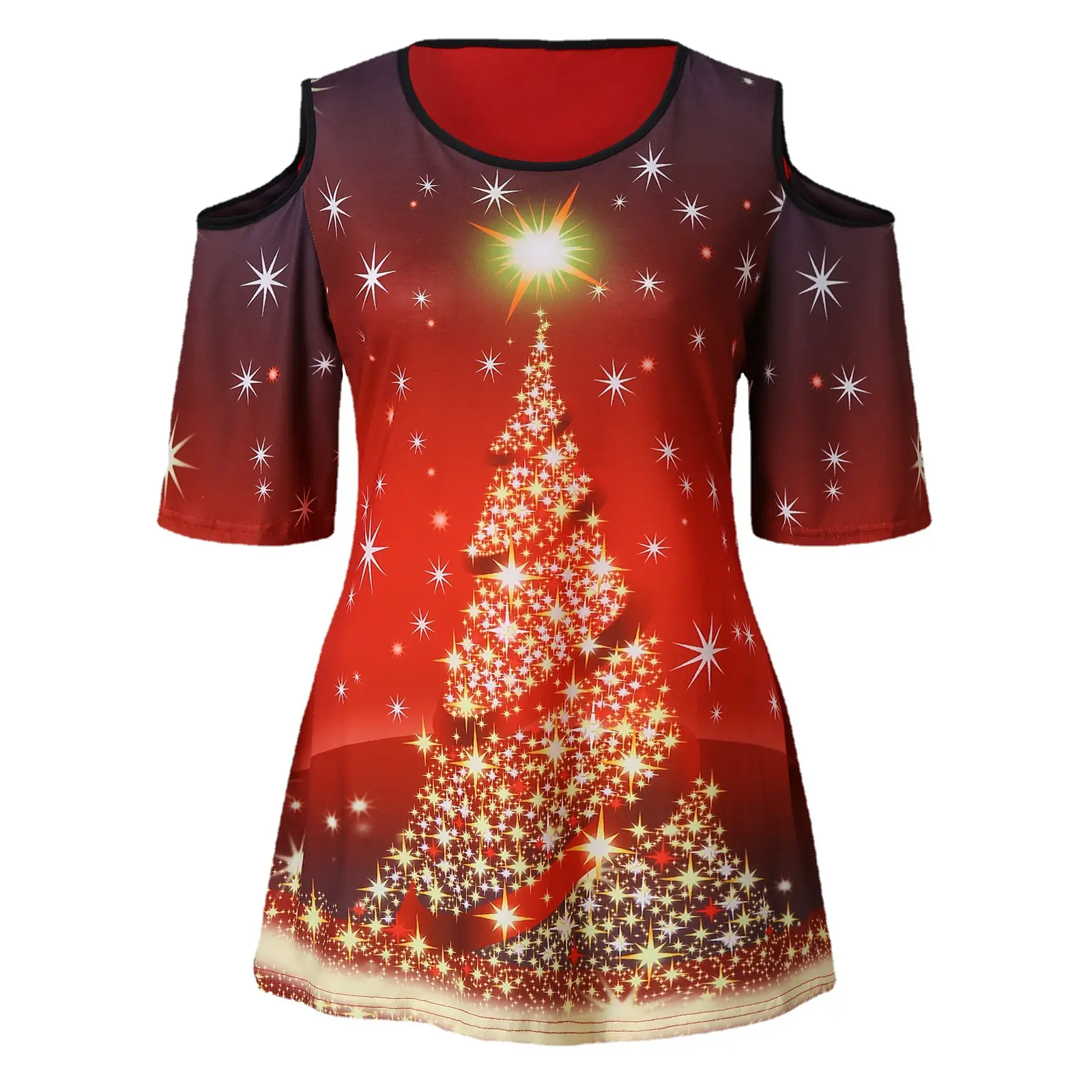 Women's 2021 Christmas Printed T-Shirt Cold Shoulder White - Image 10