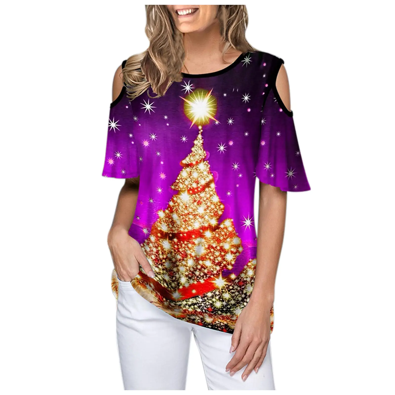Women's 2021 Christmas Printed T-Shirt Cold Shoulder White - Image 4