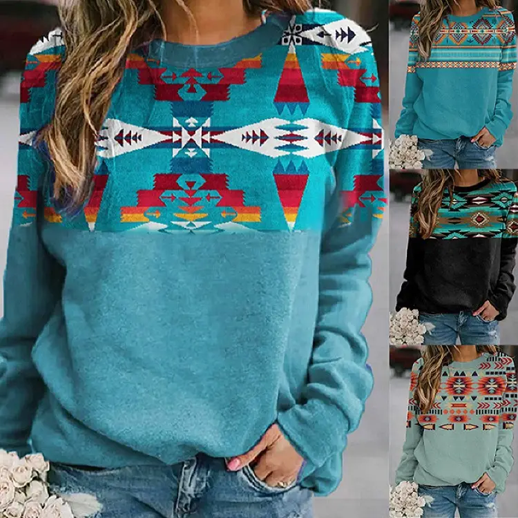 Women's 2021 Geometric Print Sweater Teal Long Sleeve