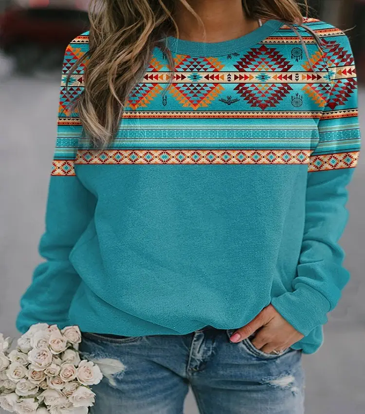 Women's 2021 Geometric Print Sweater Teal Long Sleeve