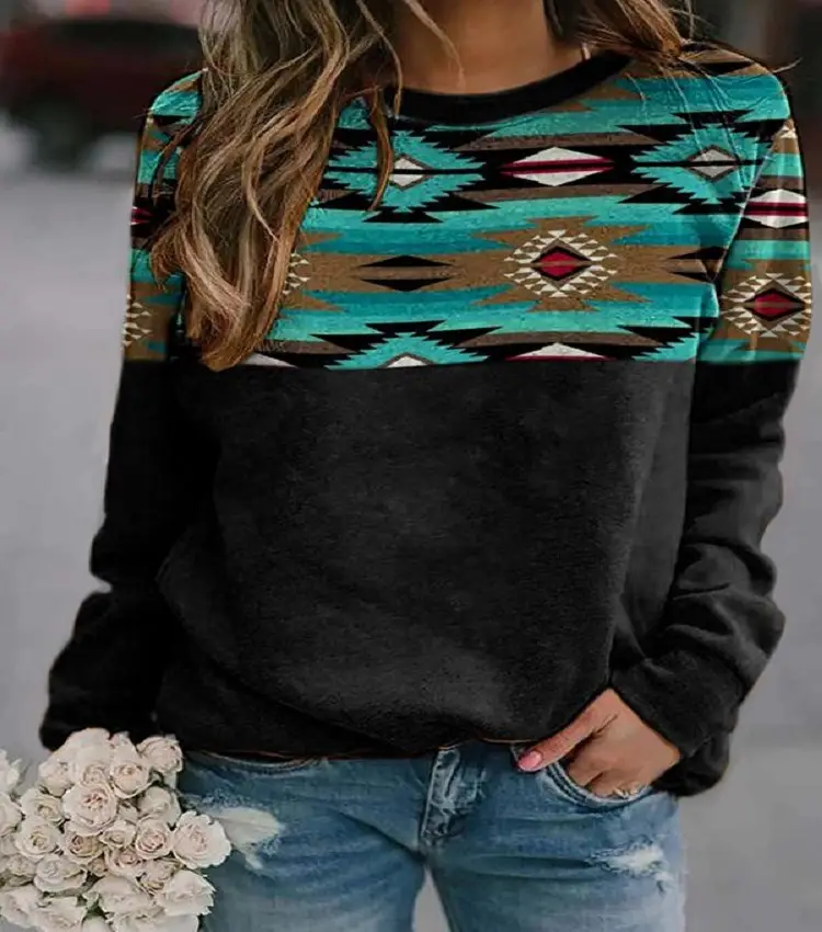Women's 2021 Geometric Print Sweater Teal Long Sleeve