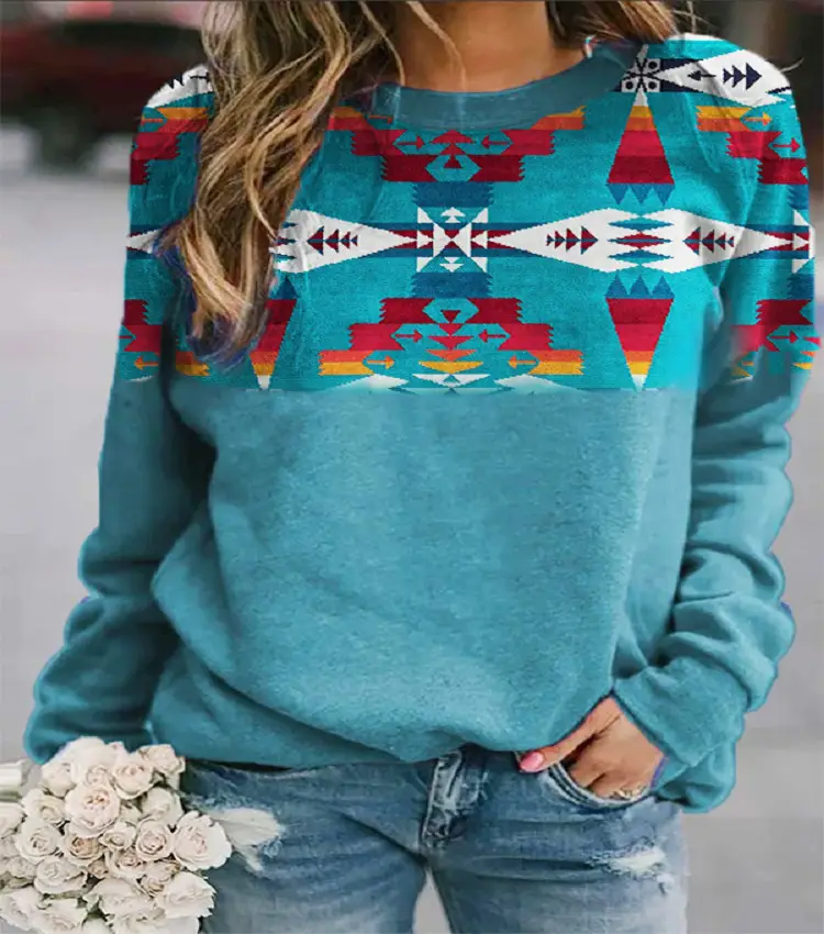 Women's 2021 Geometric Print Sweater Teal Long Sleeve